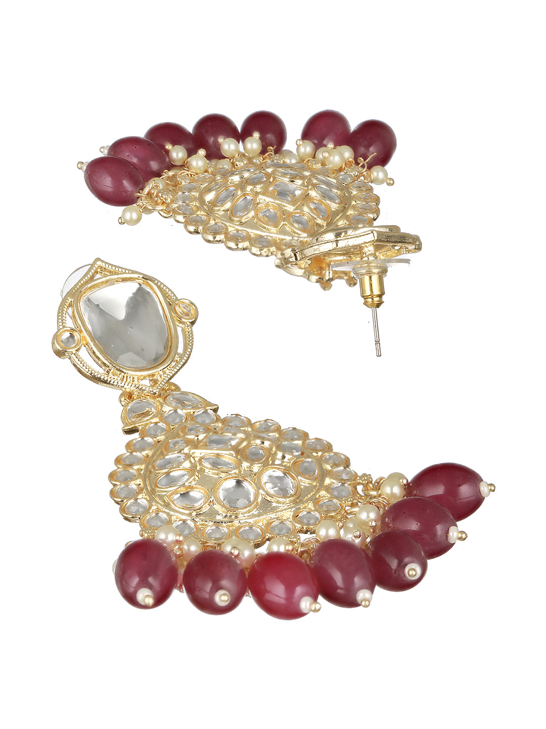 Gold Toned Kundan Studded Pink Pearl Beaded Chandbali  Earring