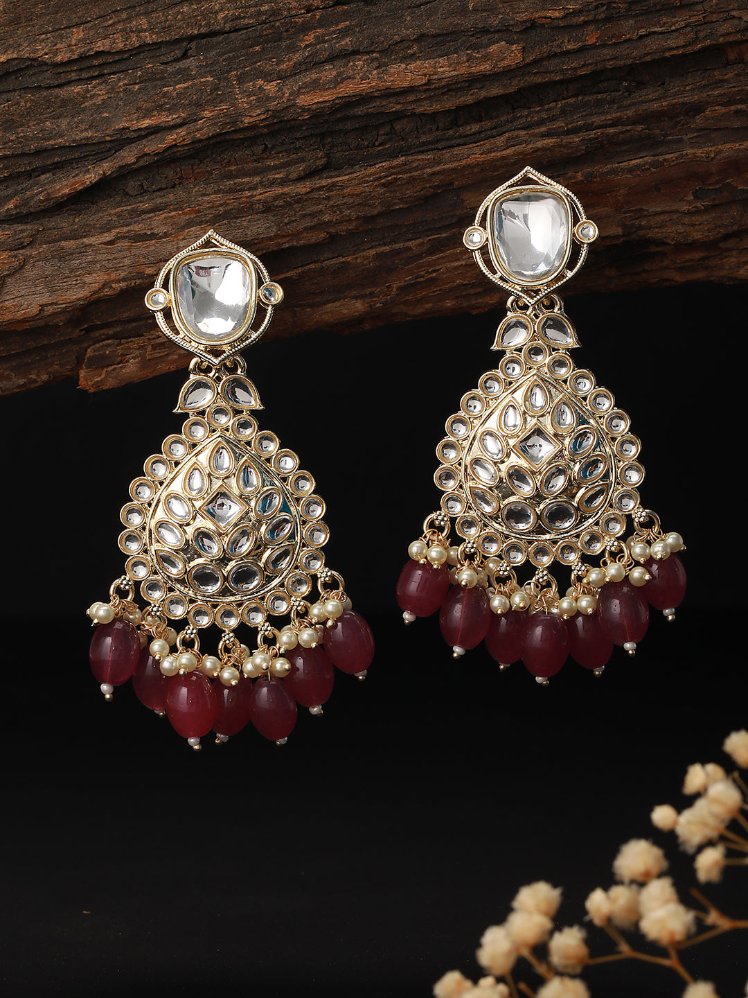 Gold Toned Kundan Studded Pink Pearl Beaded Chandbali  Earring