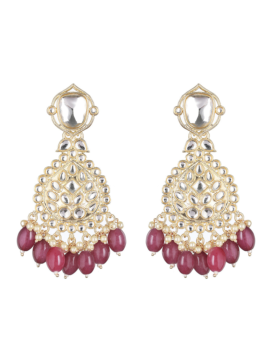 Gold Toned Kundan Studded Pink Pearl Beaded Chandbali  Earring