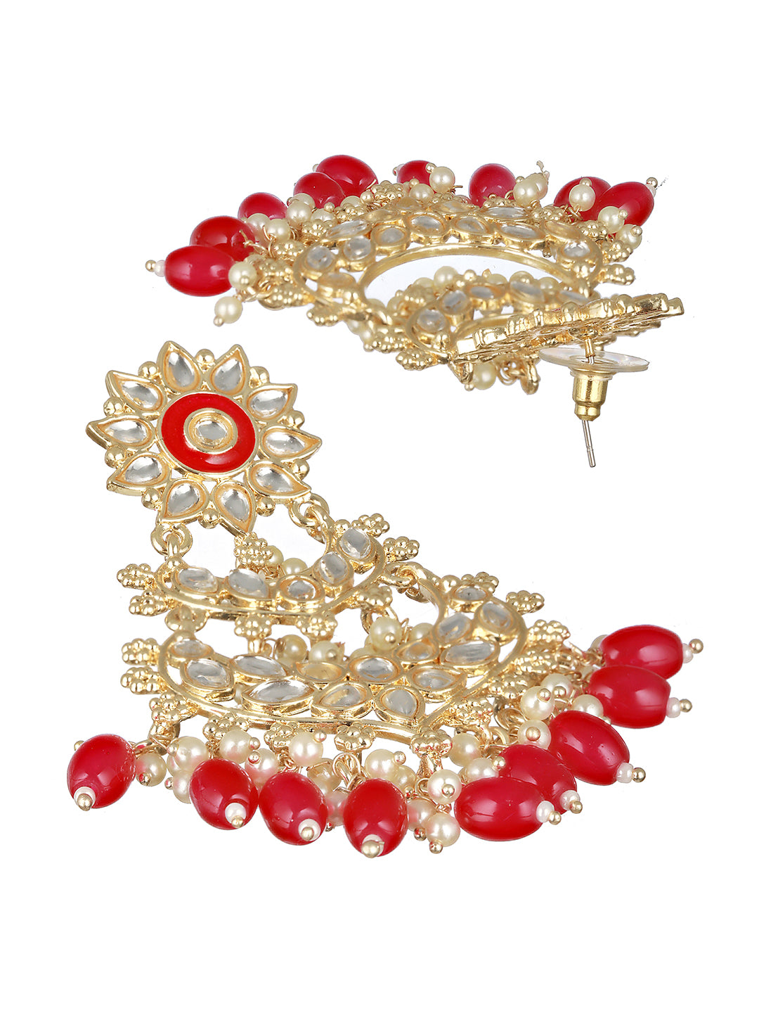 Gold Toned Kundan Studded Pink Dropdown Chandelier Earrings