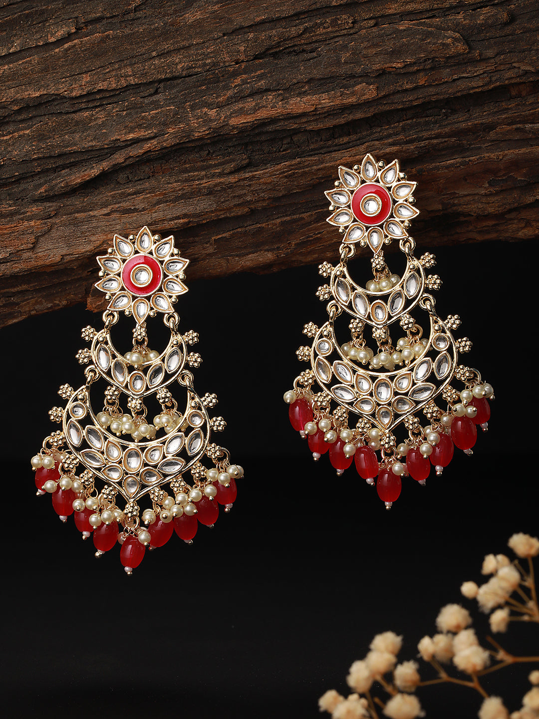 Gold Toned Kundan Studded Pink Dropdown Chandelier Earrings