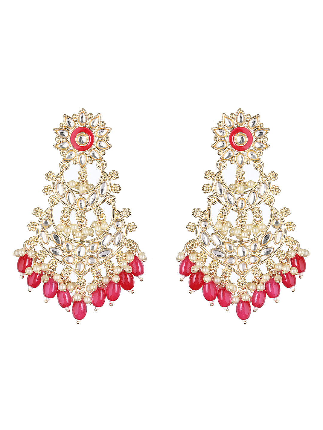 Gold Toned Kundan Studded Pink Dropdown Chandelier Earrings