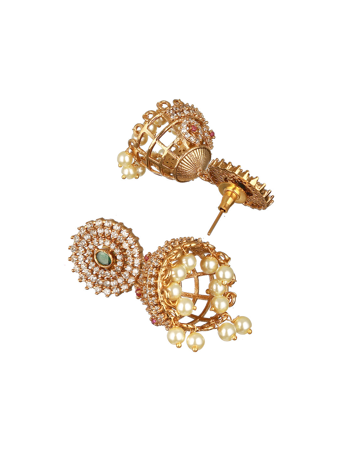 Gold Plated Green CZ Studded Pearl Beaded Jhumka earrings