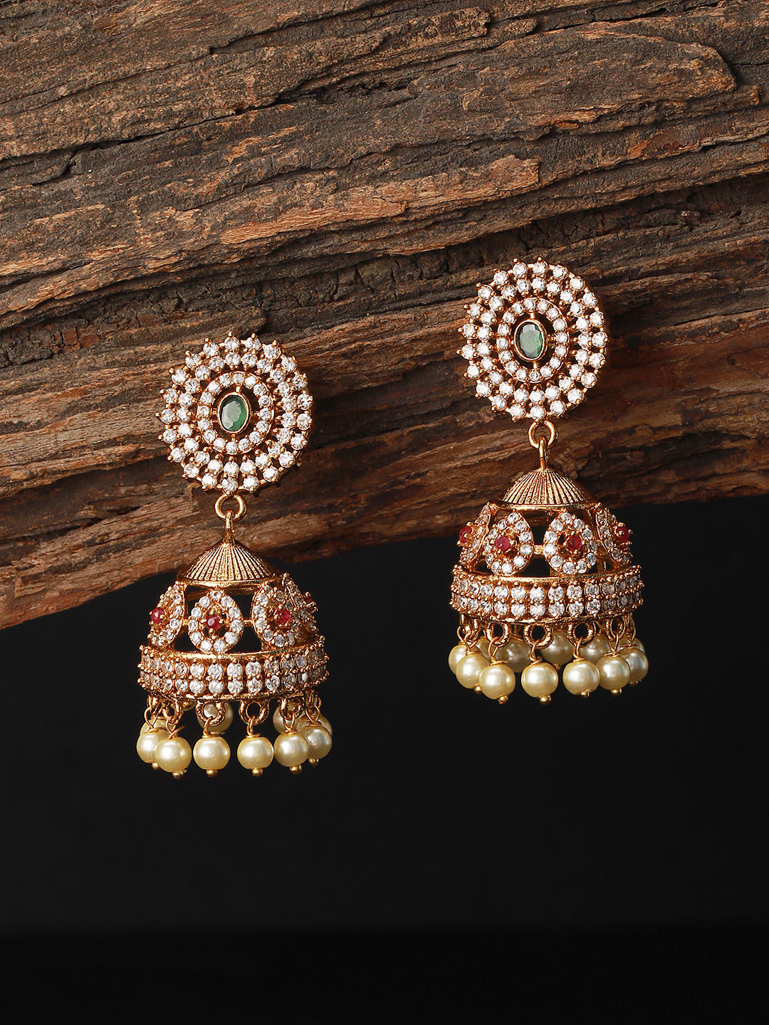 Gold Plated Green CZ Studded Pearl Beaded Jhumka earrings