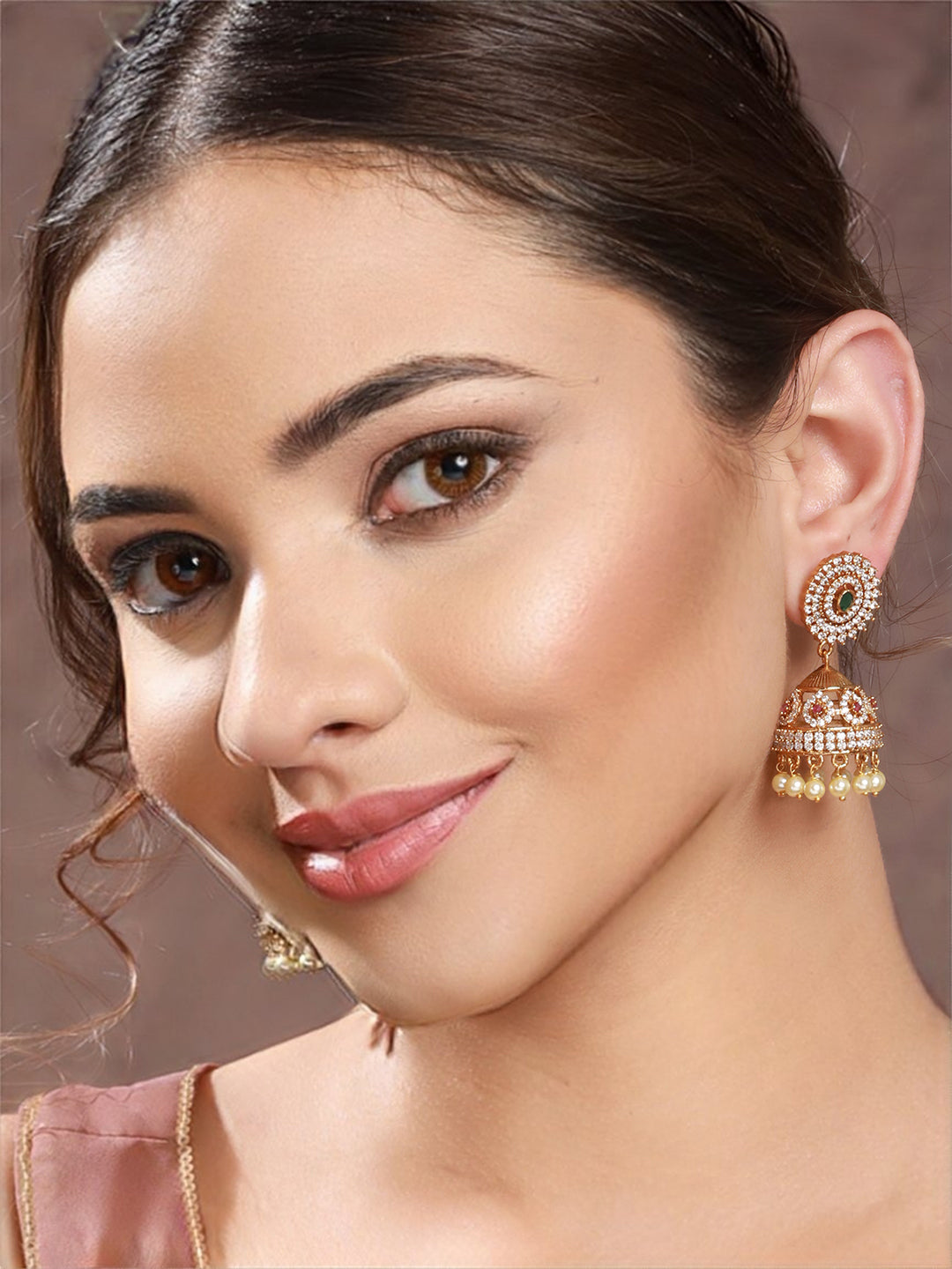 Gold Plated Green CZ Studded Pearl Beaded Jhumka earrings