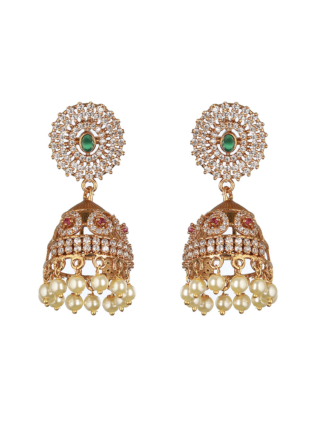 Gold Plated Green CZ Studded Pearl Beaded Jhumka earrings