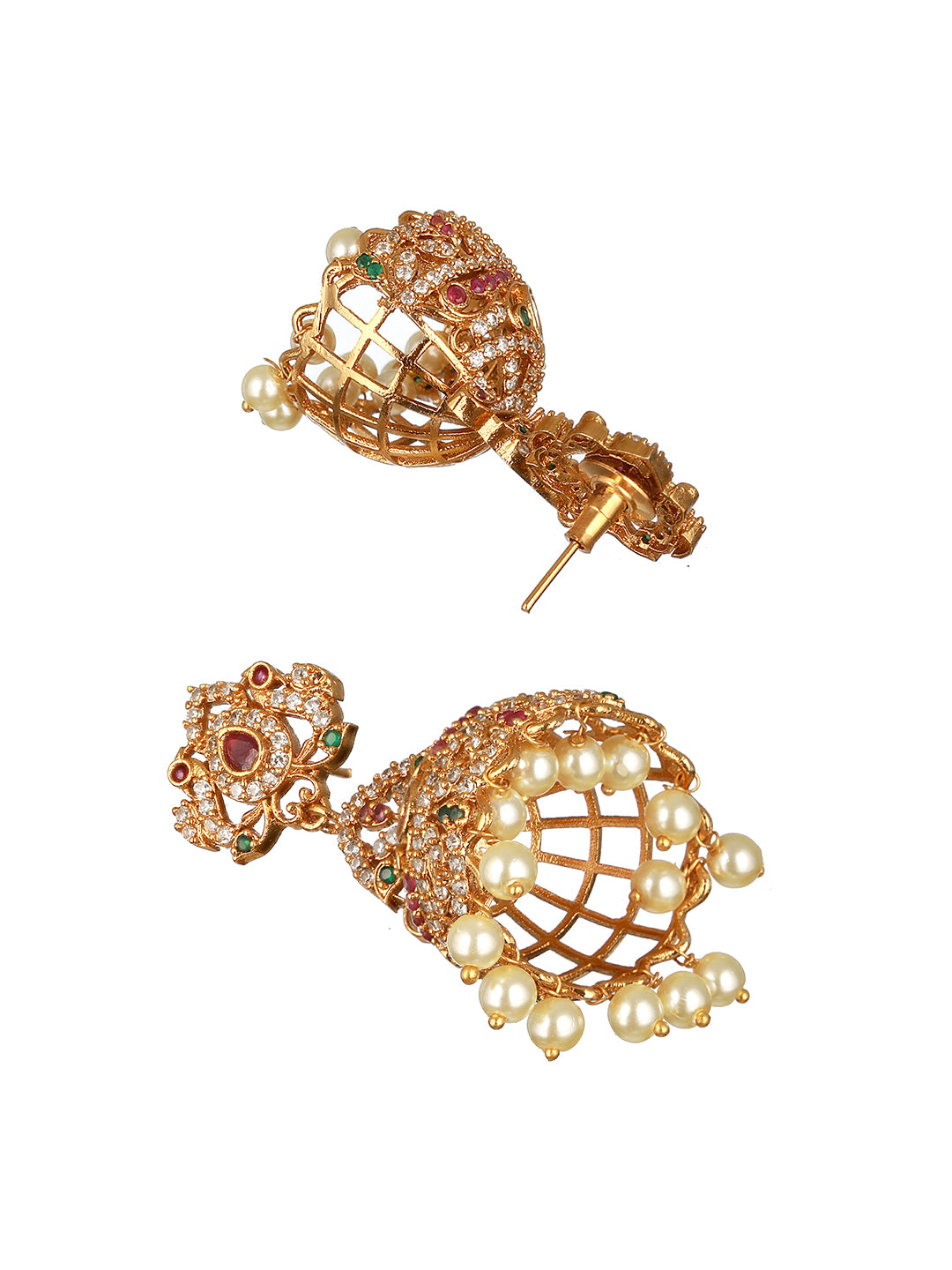 Gold Plated Multi Zircon Studded Pearl beaded  Jhumka Earrings