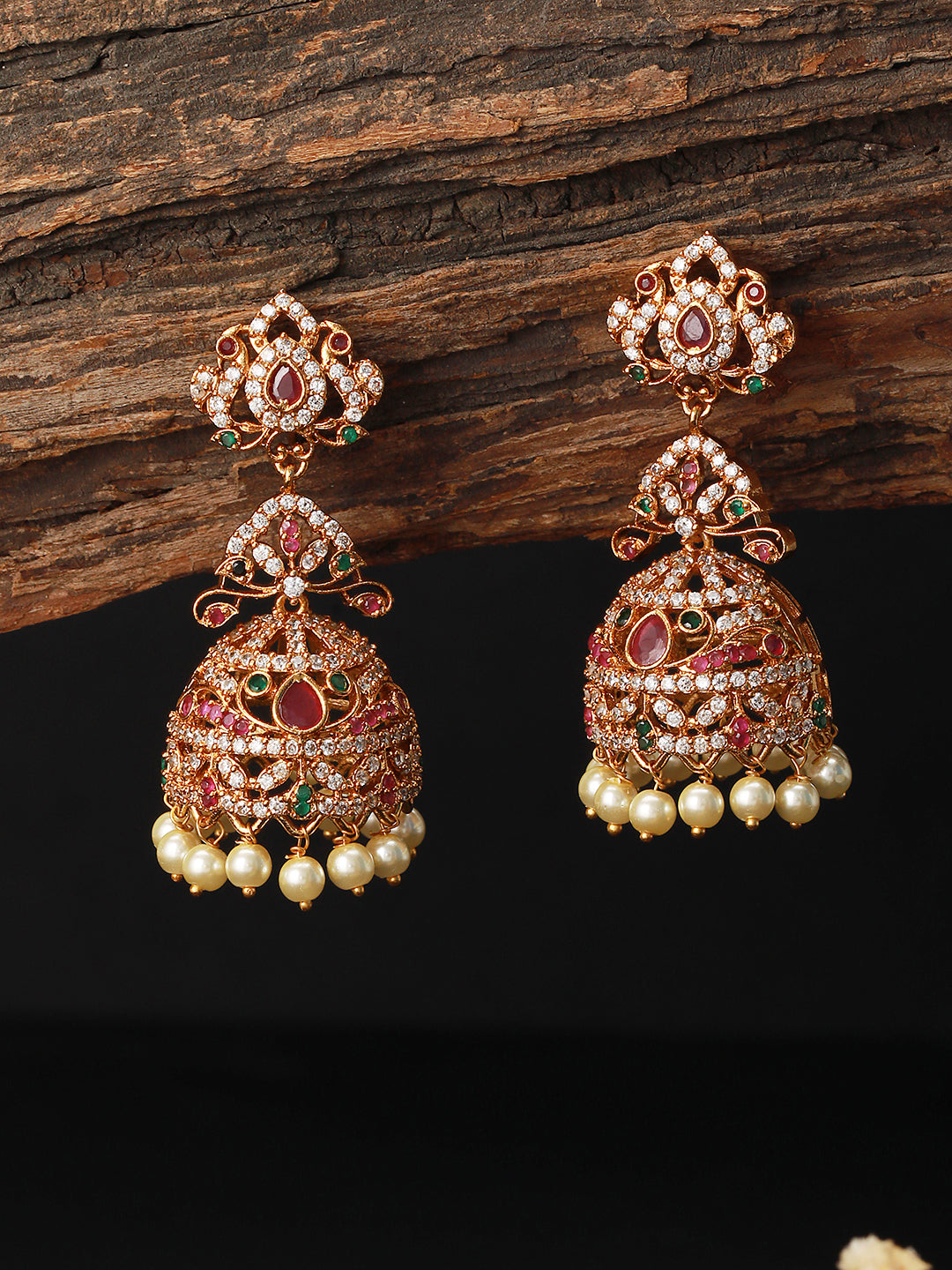 Gold Plated Multi Zircon Studded Pearl beaded  Jhumka Earrings