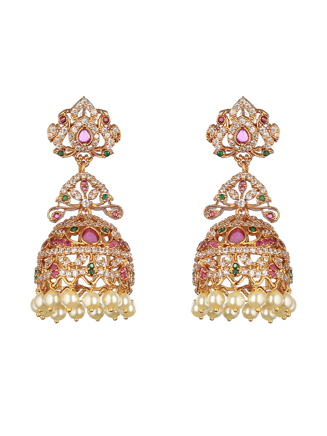 Gold Plated Multi Zircon Studded Pearl beaded  Jhumka Earrings