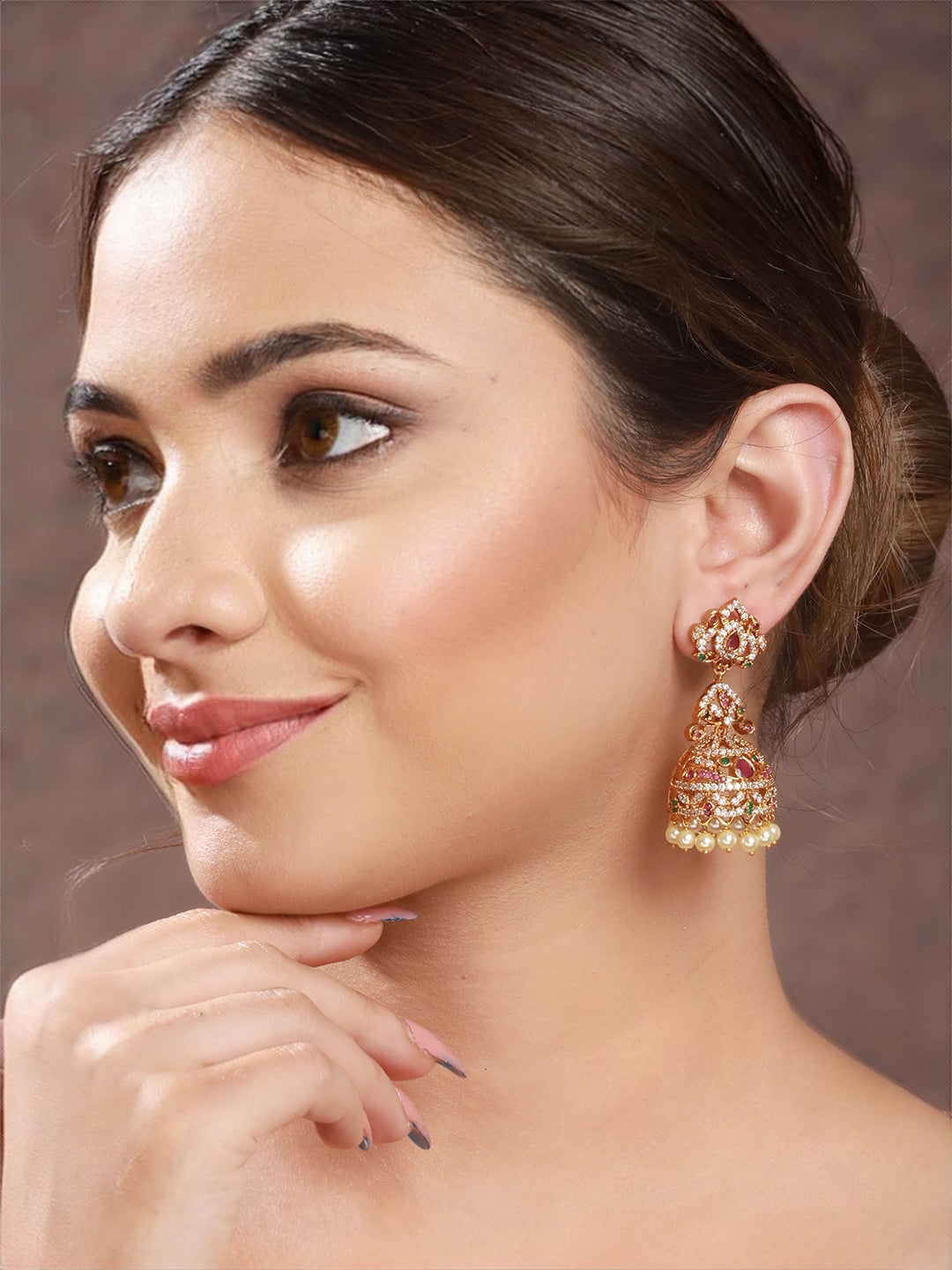 Gold Plated Multi Zircon Studded Pearl beaded  Jhumka Earrings