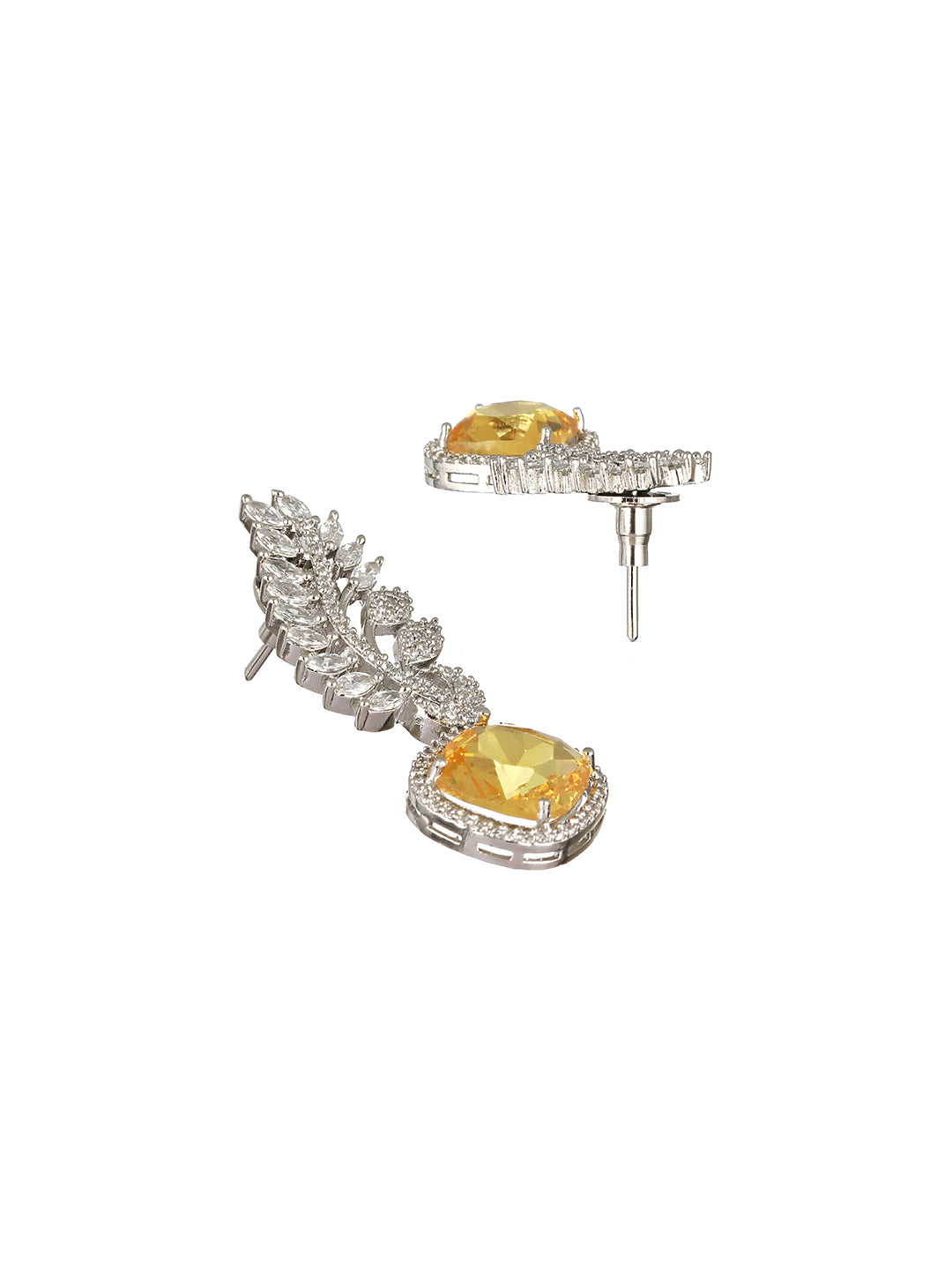 Silver Toned Yellow Citrine CZ Studded Statement  Earrings