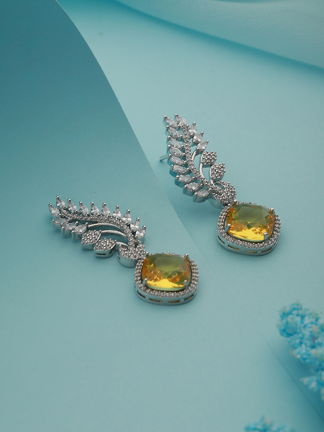 Silver Toned Yellow Citrine CZ Studded Statement  Earrings