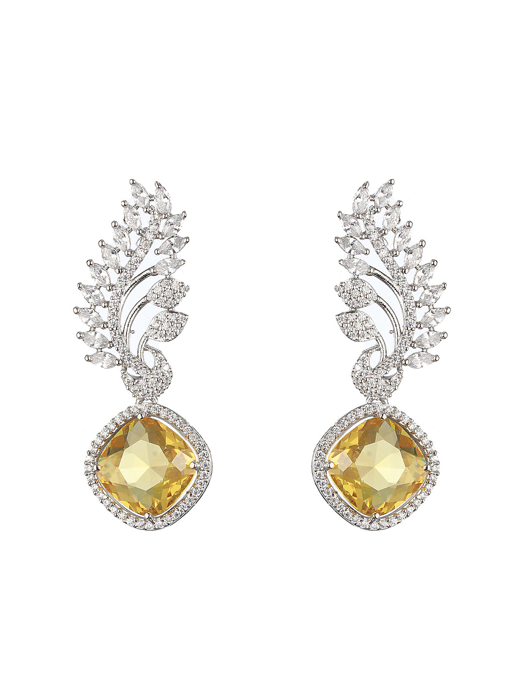 Silver Toned Yellow Citrine CZ Studded Statement  Earrings