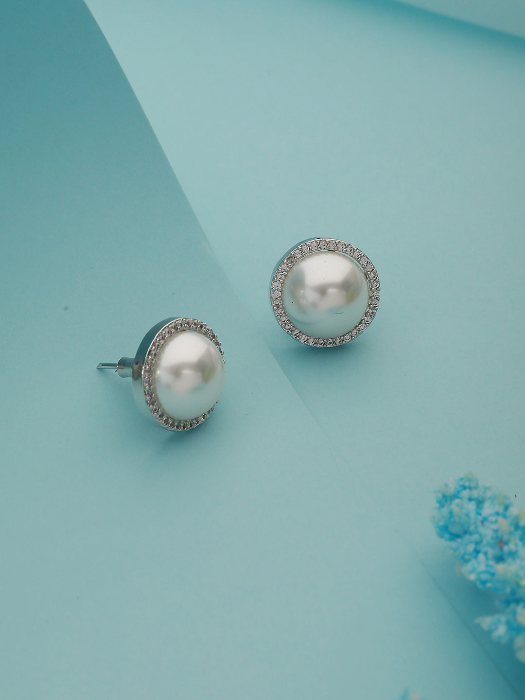 Silver Toned Pearl Minimal Studds Earrings