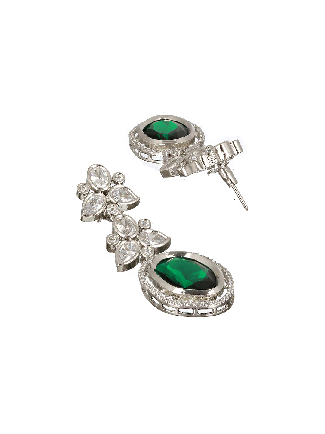 Silver Toned Green CZ Studded Designer Necklace Jewellery Set