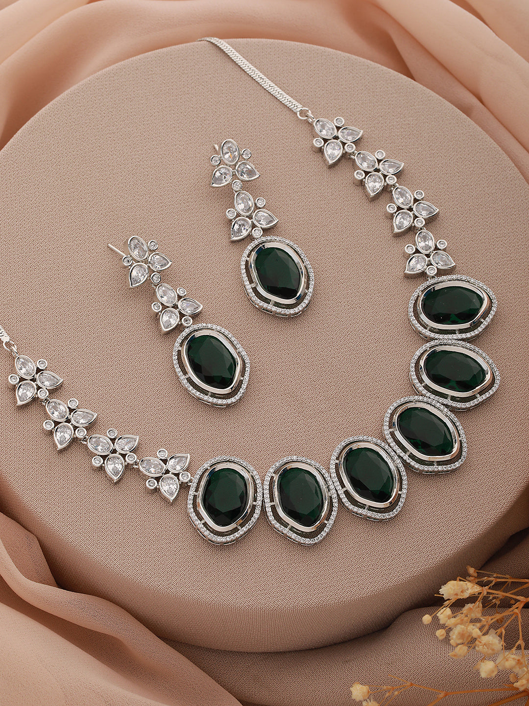 Silver Toned Green CZ Studded Designer Necklace Jewellery Set