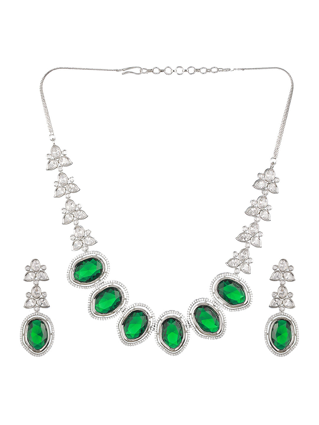 Silver Toned Green CZ Studded Designer Necklace Jewellery Set