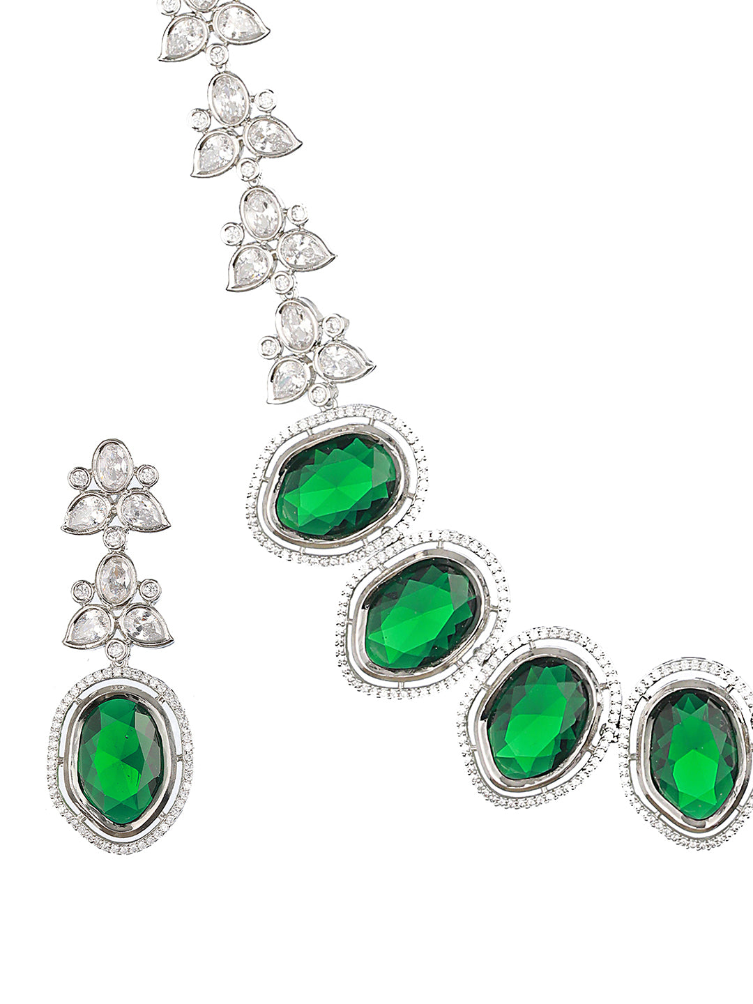 Silver Toned Green CZ Studded Designer Necklace Jewellery Set