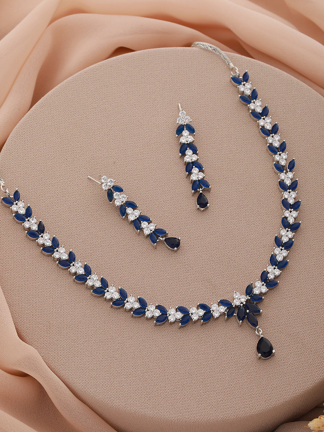 Silver Toned Blue AD Studded Necklace Set