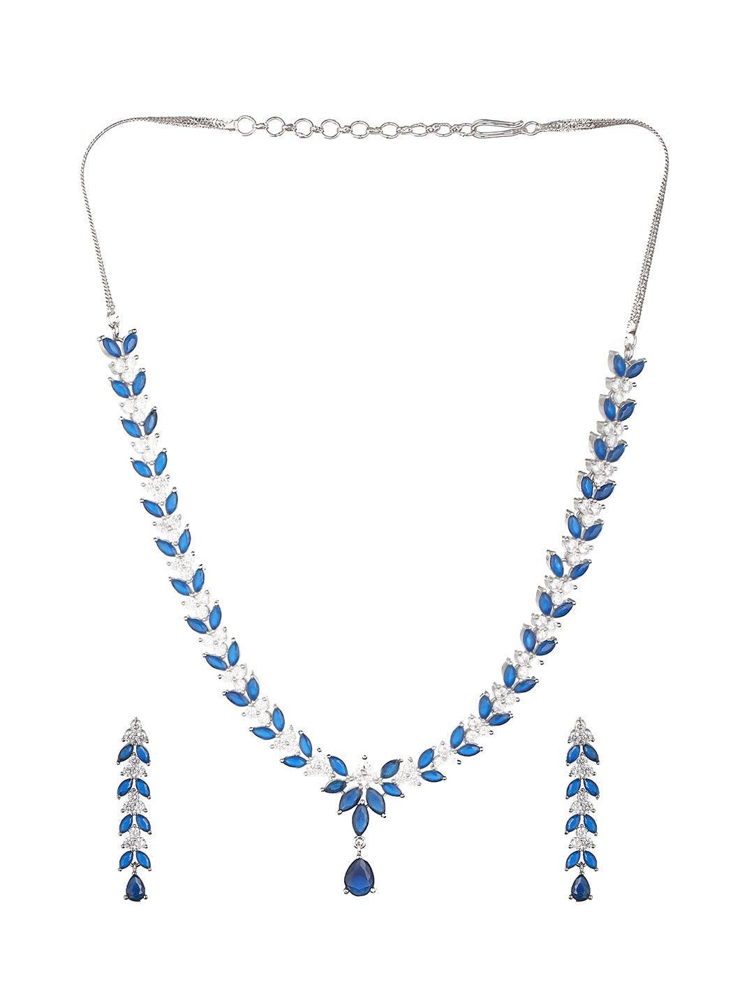 Silver Toned Blue AD Studded Necklace Set