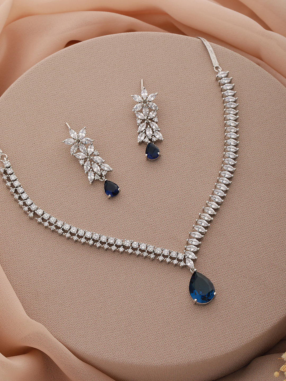 White Rhodium Blue Zircon Studded Statement  Necklace Jewellery  Set