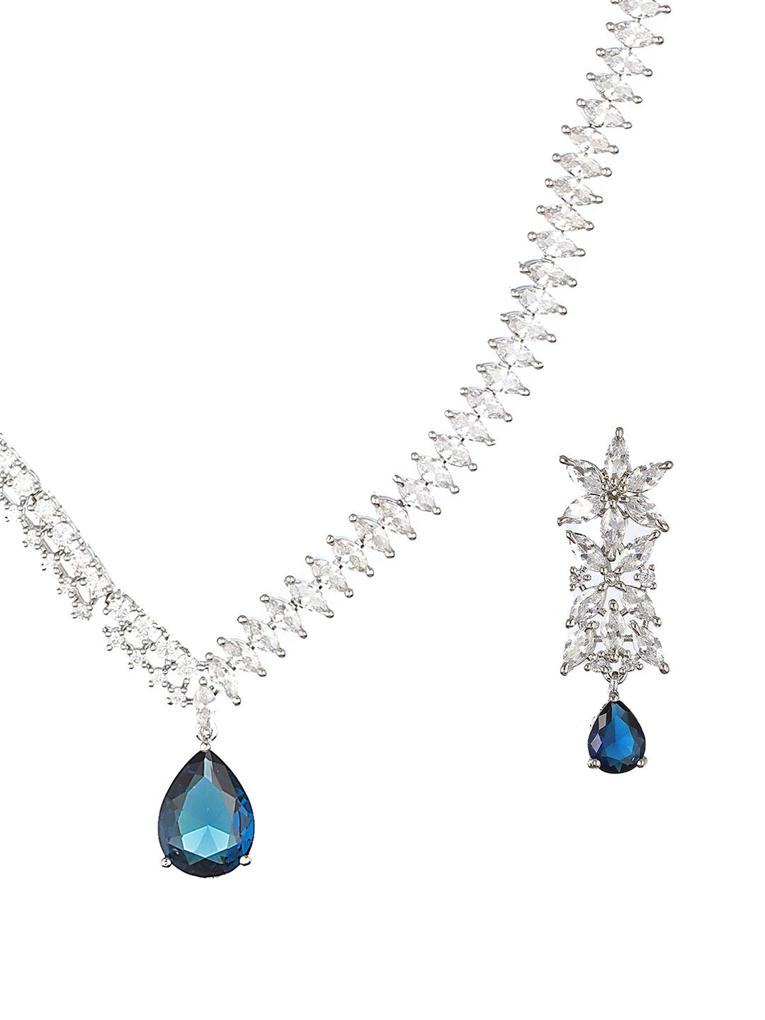 White Rhodium Blue Zircon Studded Statement  Necklace Jewellery  Set