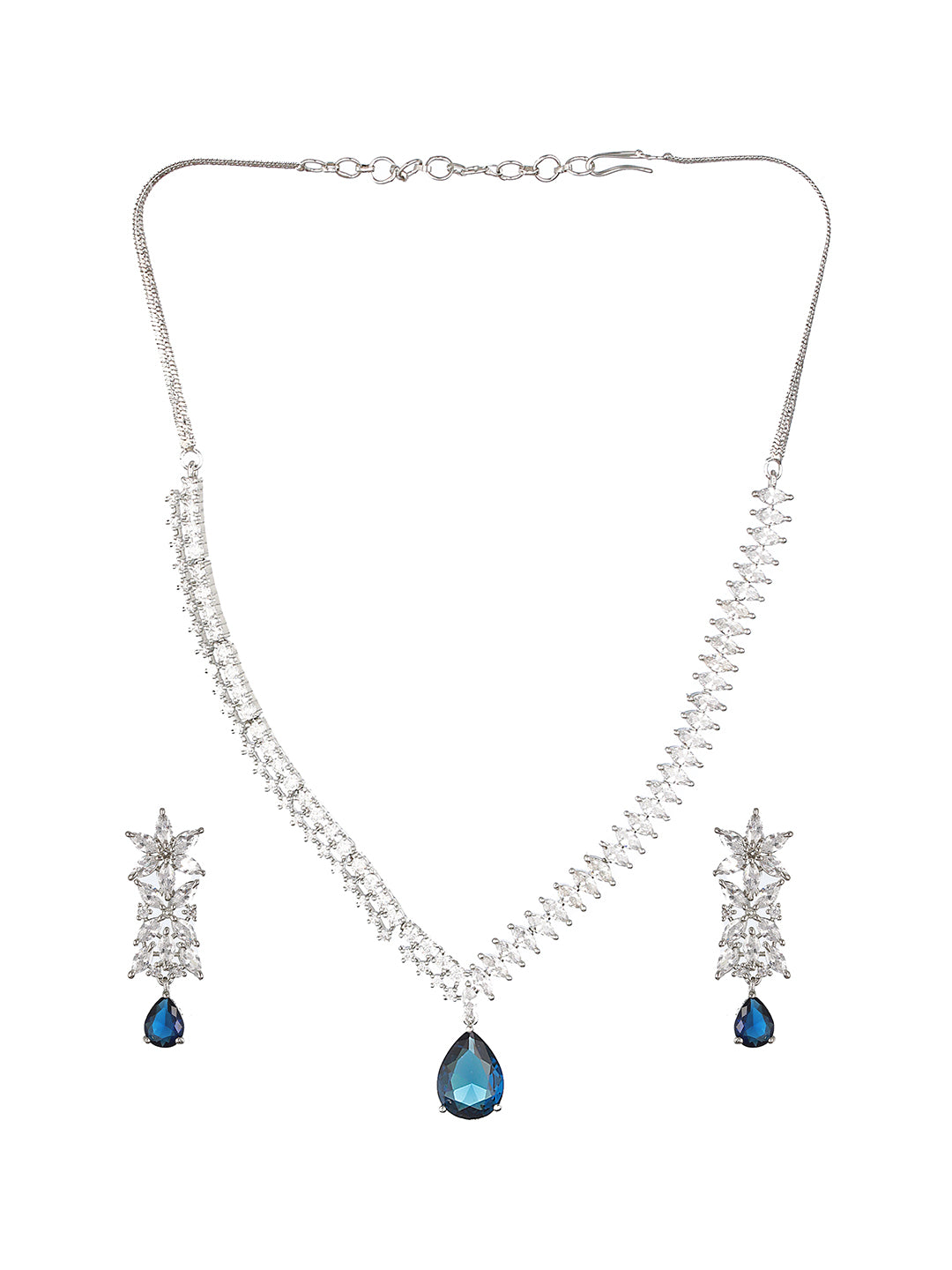 White Rhodium Blue Zircon Studded Statement  Necklace Jewellery  Set