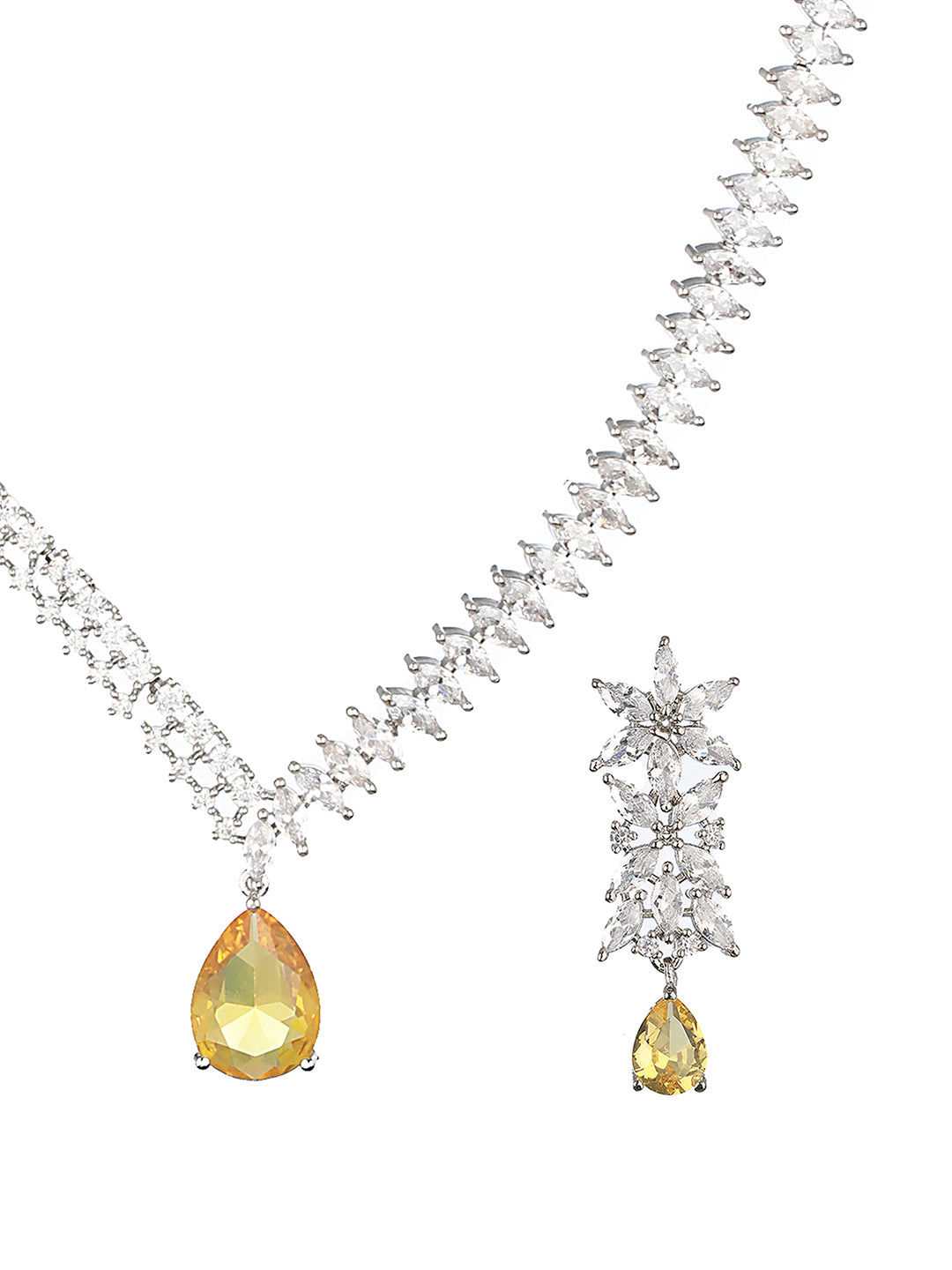 White Rhodium Yellow Topaz Zircon Studded Statement Jewellery Set