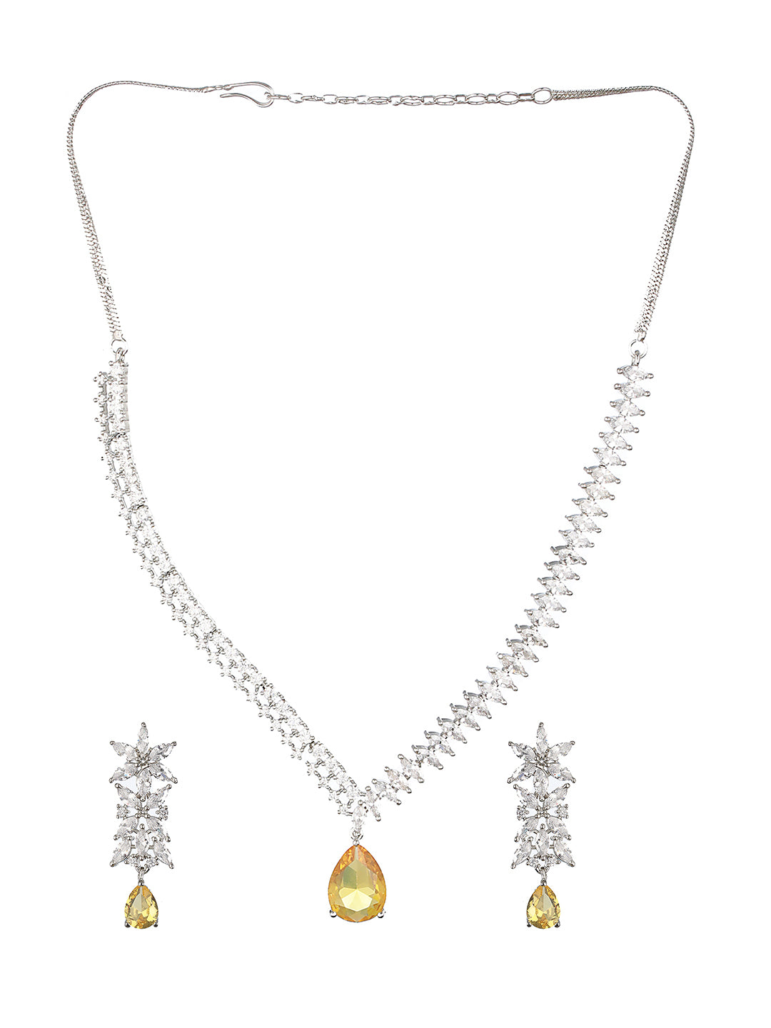 White Rhodium Yellow Topaz Zircon Studded Statement Jewellery Set