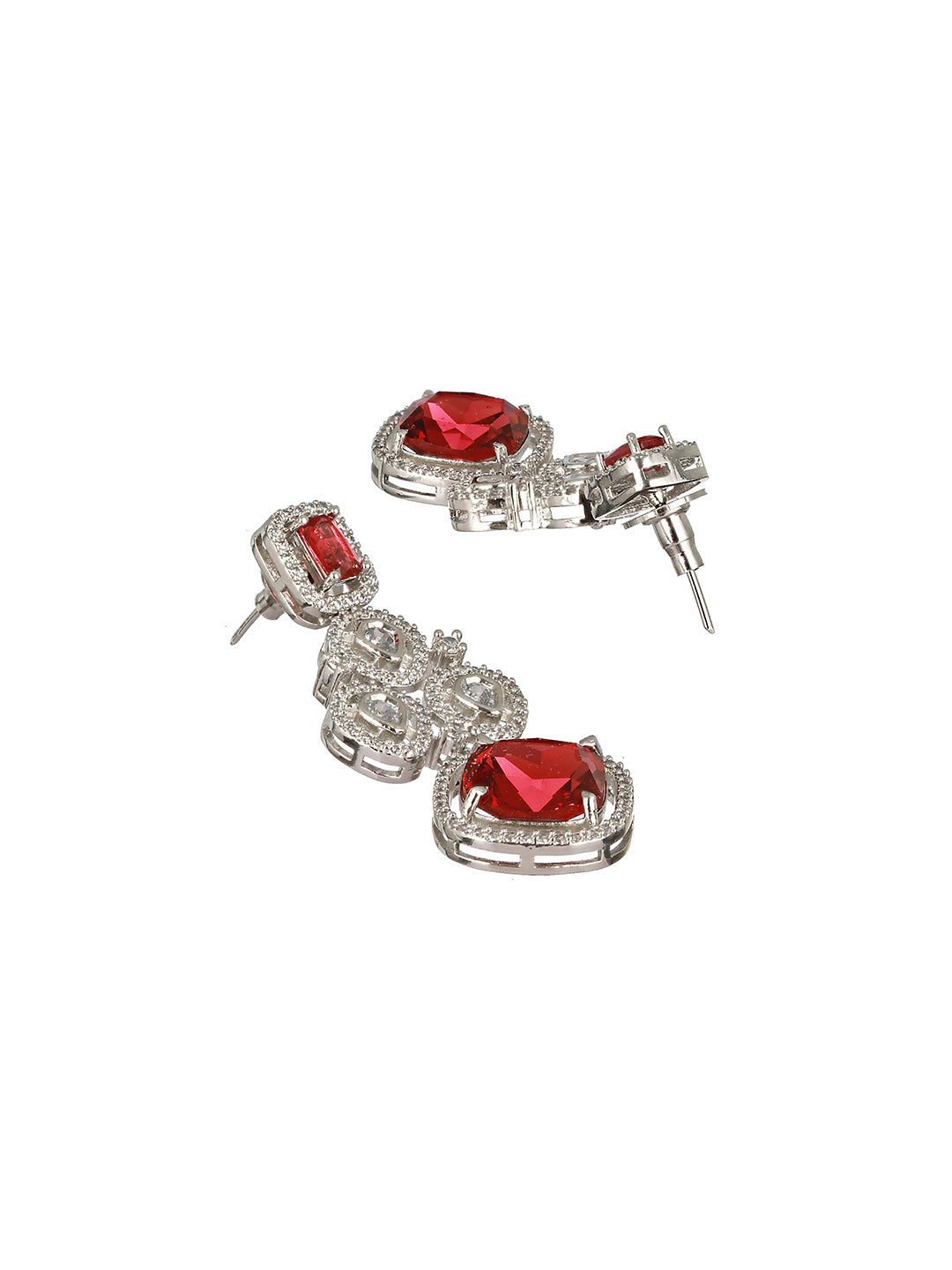 Silver Plated Red CZ Studded Statement Necklace Jewellery Set