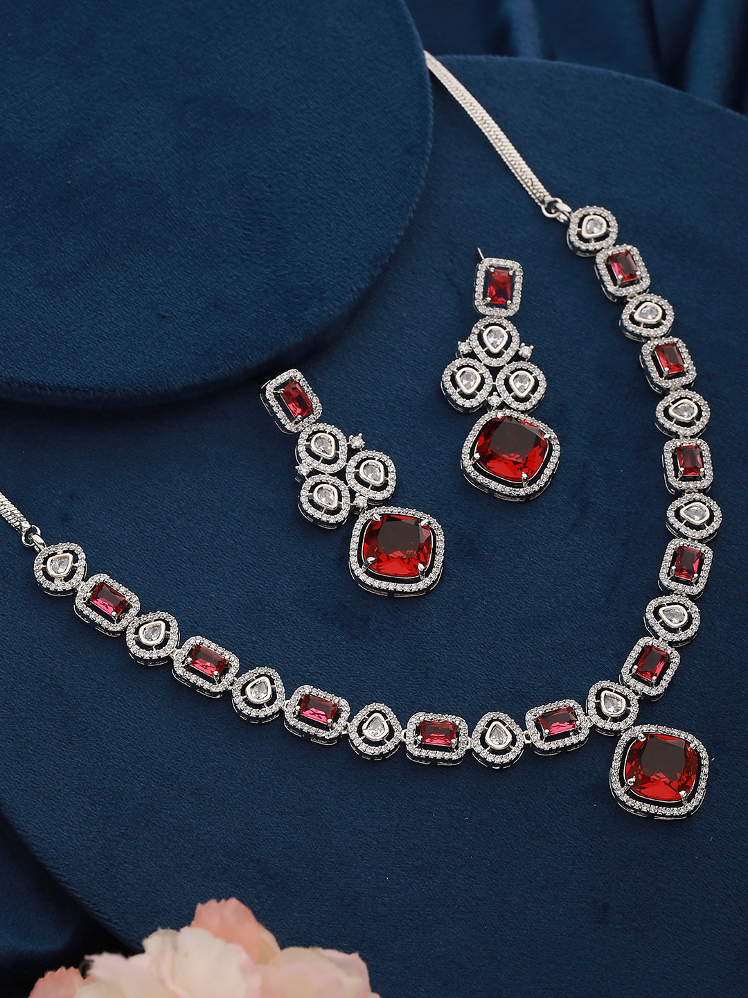Silver Plated Red CZ Studded Statement Necklace Jewellery Set
