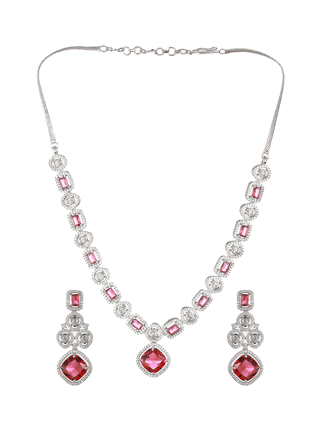 Silver Plated Red CZ Studded Statement Necklace Jewellery Set