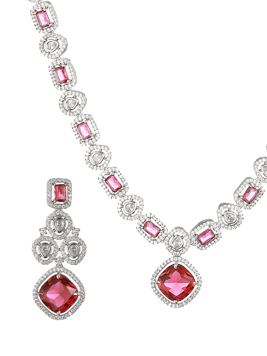 Silver Plated Red CZ Studded Statement Necklace Jewellery Set