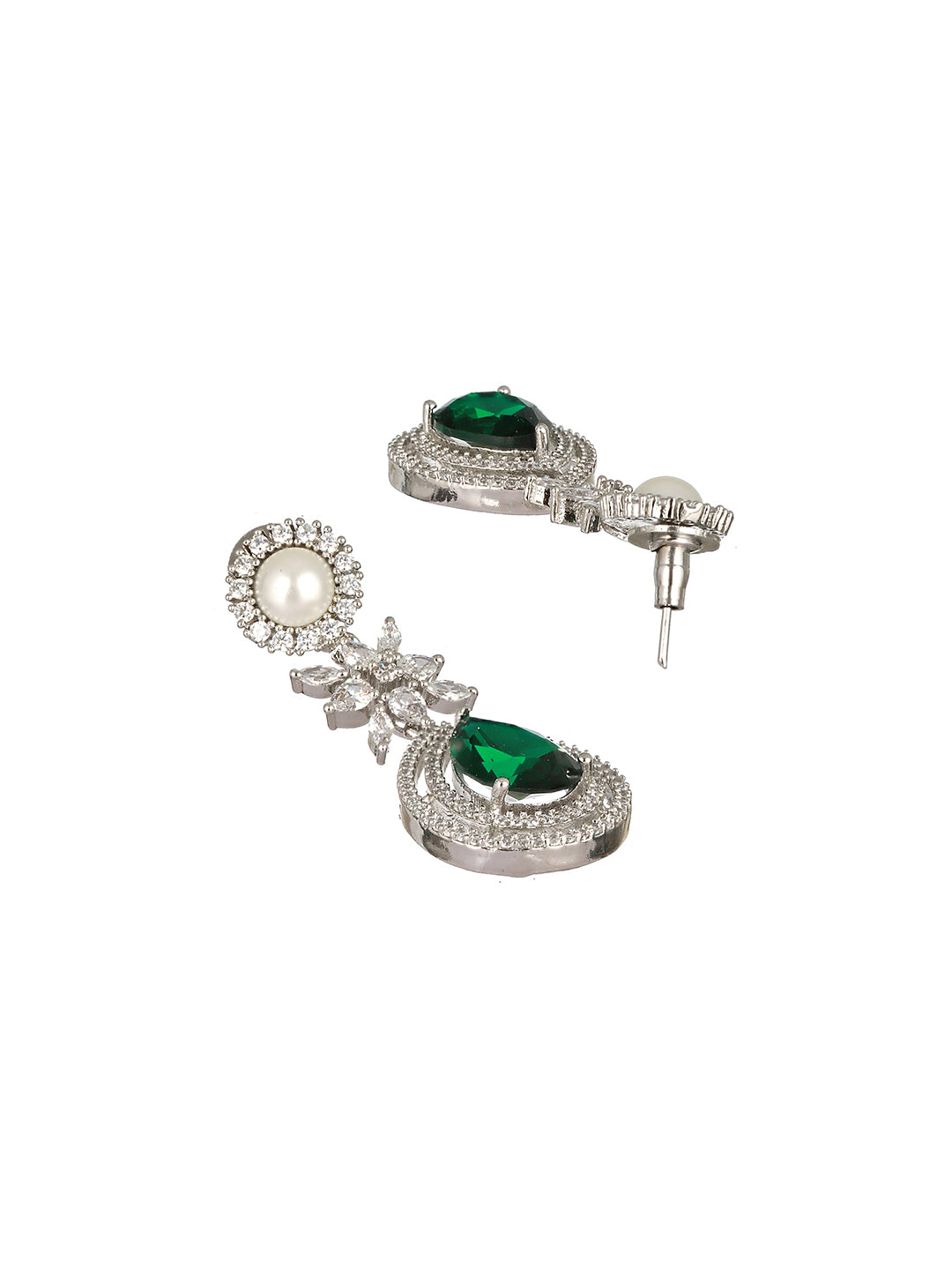 Silver Plated Green CZ & Pearl Studded Necklace Jewellery Set