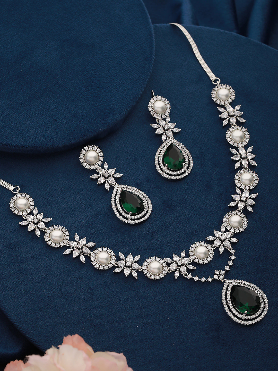 Silver Plated Green CZ & Pearl Studded Necklace Jewellery Set