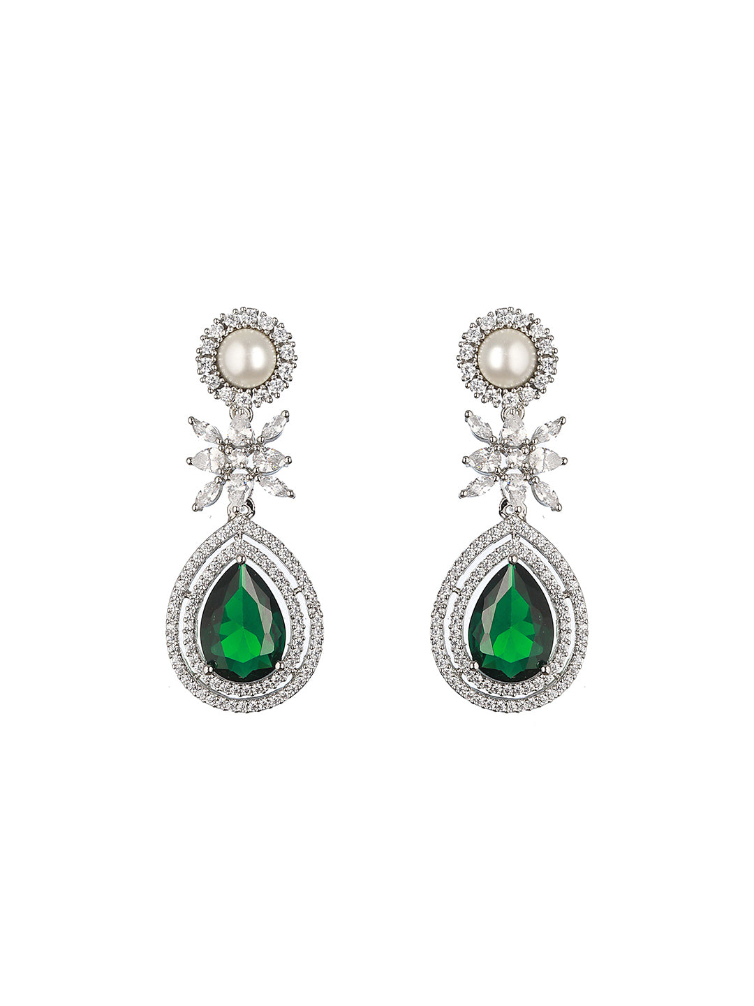 Silver Plated Green CZ & Pearl Studded Necklace Jewellery Set