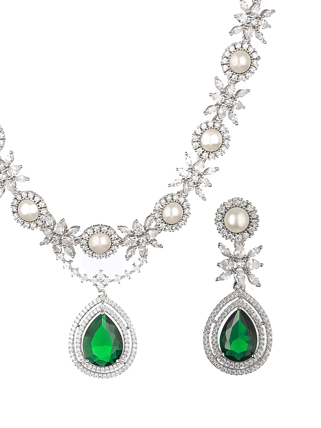 Silver Plated Green CZ & Pearl Studded Necklace Jewellery Set