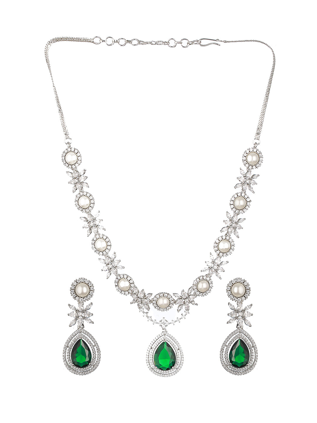 Silver Plated Green CZ & Pearl Studded Necklace Jewellery Set