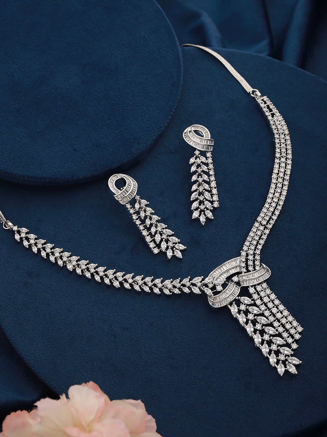 White Rhodium Cubic  Zircon Studded Luxe  Necklace Jewellery  Set