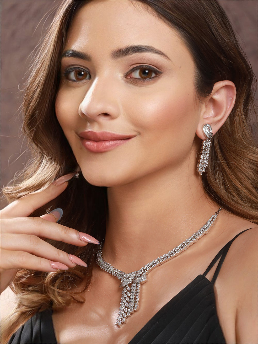 White Rhodium Cubic  Zircon Studded Luxe  Necklace Jewellery  Set