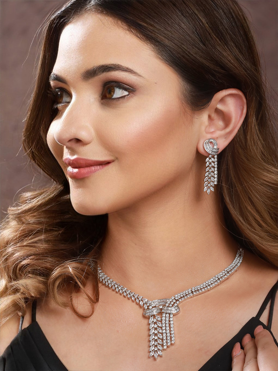 White Rhodium Cubic  Zircon Studded Luxe  Necklace Jewellery  Set