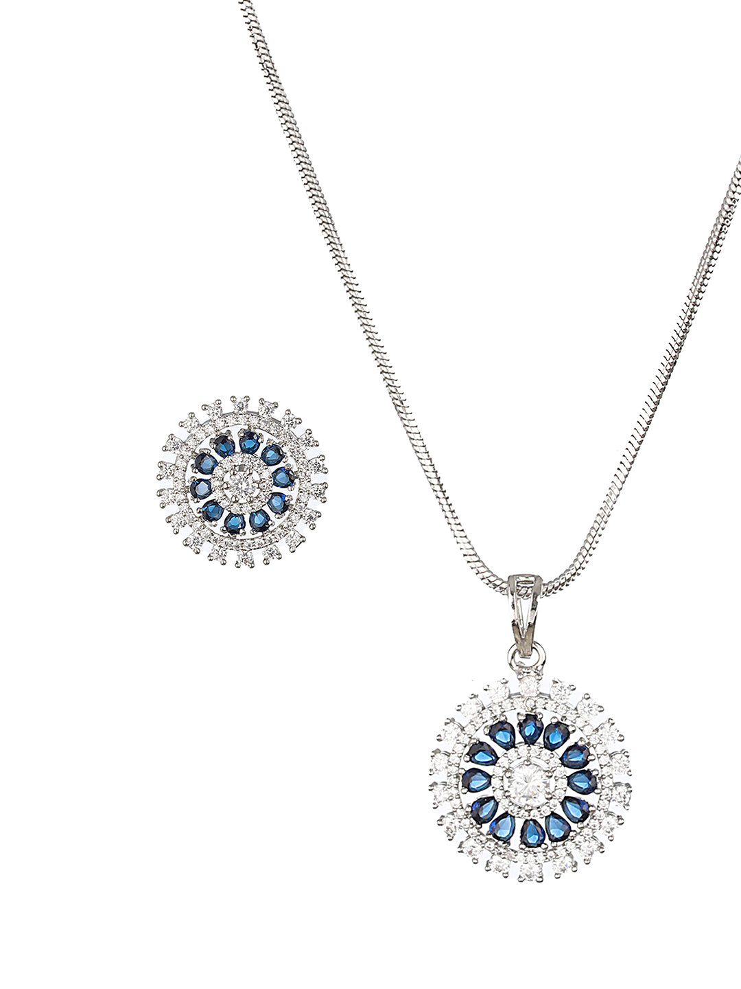 Silver Plated Blue Cubic Zircon Floral Locket  Jewellery set