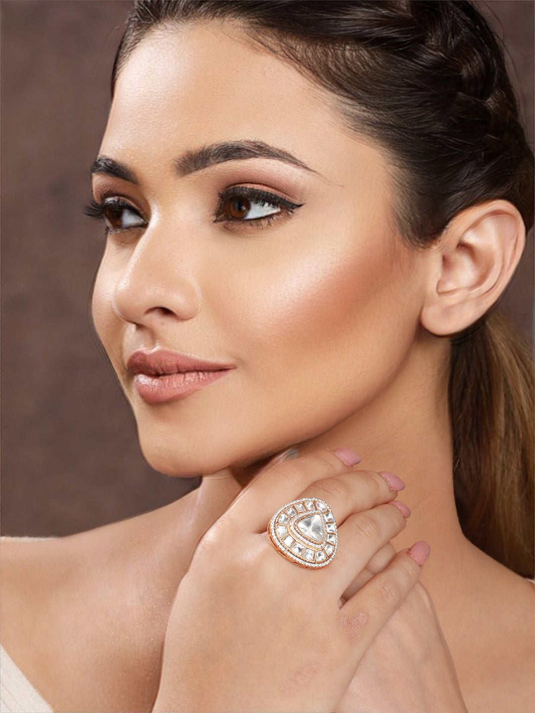 Gold Plated Polki Kundan Studded Engagement Finger Ring