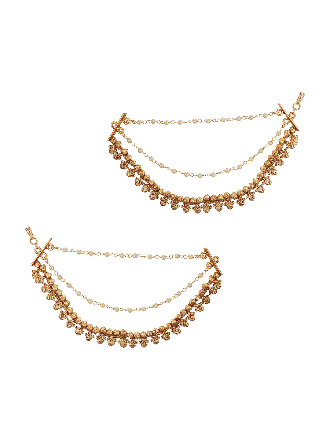 Gold Plated 3 Layered Pearls Matil Champaswaralu Temple Ear Chain Earrings