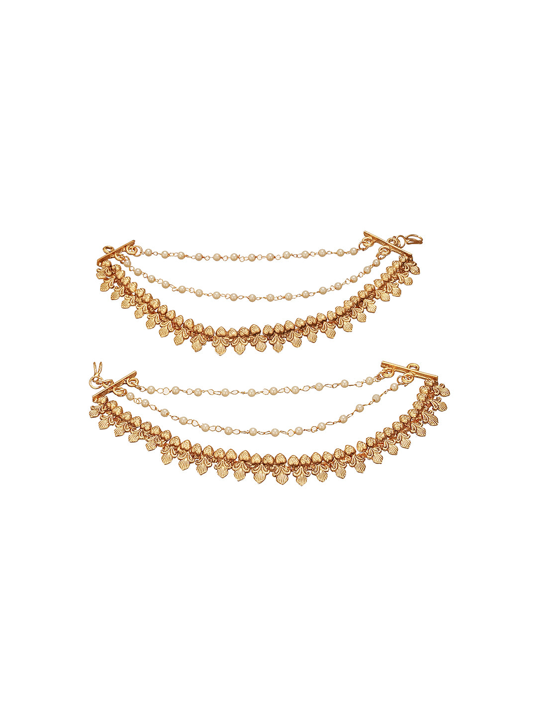 Gold Plated 3 Layered Pearls Matil Champaswaralu Temple Ear Chain Earrings