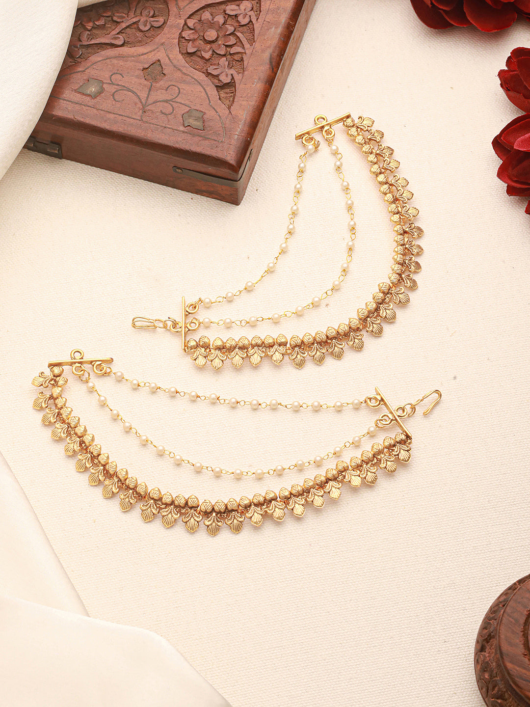 Gold Plated 3 Layered Pearls Matil Champaswaralu Temple Ear Chain Earrings