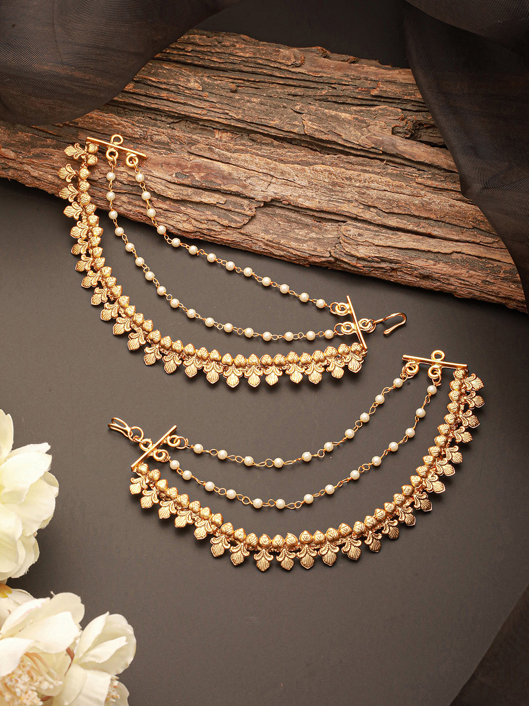 Gold Plated 3 Layered Pearls Matil Champaswaralu Temple Ear Chain Earrings