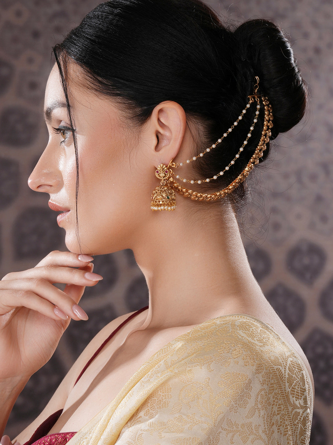 Gold Plated 3 Layered Pearls Matil Champaswaralu Temple Ear Chain Earrings