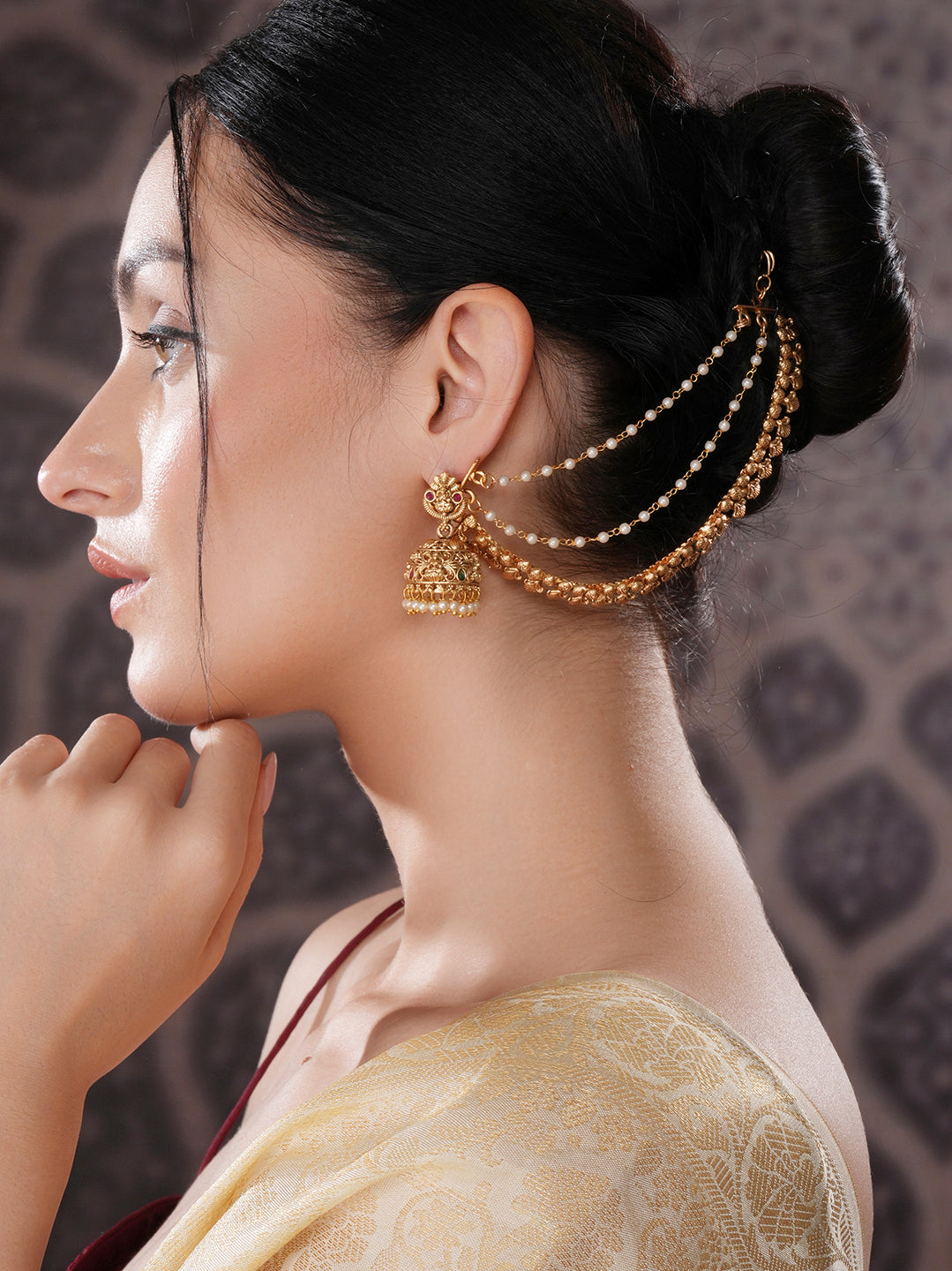 Gold Plated 3 Layered Pearls Matil Champaswaralu Temple Ear Chain Earrings