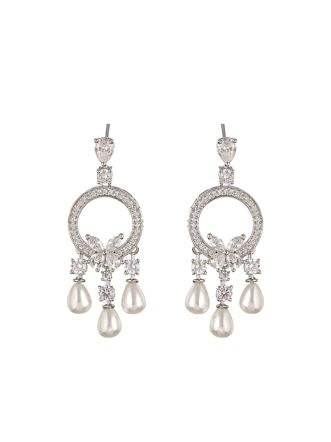 Silver Polish AD Studded Pearl Beaded Chandbali Earring